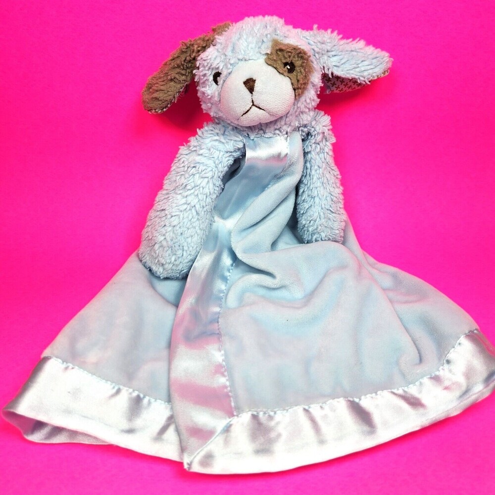 Bearington Baby Blue Dog Lovey Plush Puppy Waggles Security Blanket  Satin Trim